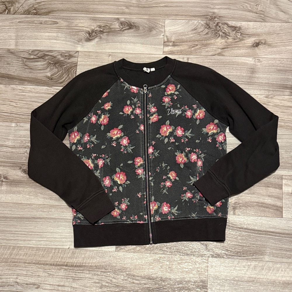 Vans Black and Pink Floral Zip-Up Jacket